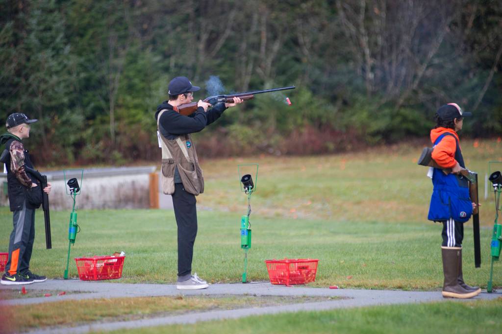 Juneau Trap Teams Ben Coutu competes in the fourth annual Southeast Fall Shoot Tournament on Saturday. (Nolin Ainsworth | Juneau Empire)