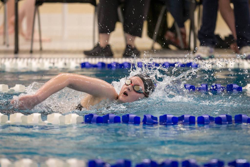 Thunder Mountain High School junior Hannah Taube swims in the 500-yard freestyle finals at the Region V Swim and Dive Championships on Saturday at the Petersburg Community Center. Taube finished in third place behind Grace Harang of Sitka and teammate Nancy Liddle. (Courtesy Photo | Phil Loseby)