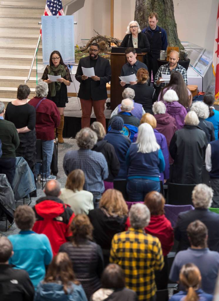 Members of the Princess Sophia Opera sing the national anthems of the United States and Canada during a Centennial Commemoration Ceremony at the Father Andrew P. Kashevaroff Building on Thursday, Oct. 25, 2018, on the 100th anniversary of the sinking of the S.S. Princess Sophia. (Michael Penn | Juneau Empire)