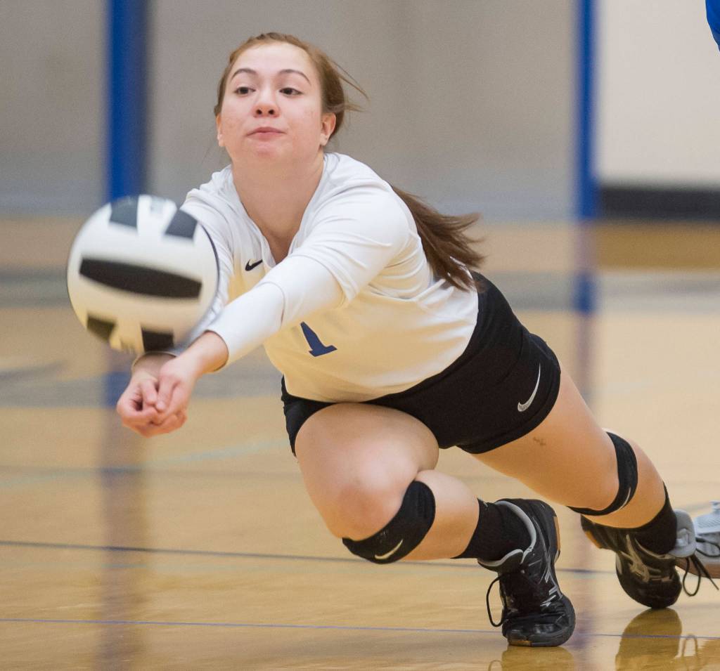 Thunder Mountains Leilani Eshnaur dives for the ball against Juneau-Douglas at TMHS on Friday, Oct. 26, 2018. (Michael Penn | Juneau Empire                                Thunder Mountains Leilani Eshnaur dives for the ball against Juneau-Douglas at TMHS on Friday, Oct. 26, 2018. (Michael Penn | Juneau Empire