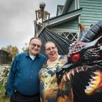 Will and Mindy Jones pose with some of their many Halloween decorations at their home at the corner of 10th Street and Glacier Avenue on Tuesday, Oct. 30, 2018. The Jones have been decorating their home for the last 14 years and expect to nearly 400 visitors this year. Mindy said, If you dont like spiders, this isnt the place for you. (Michael Penn | Juneau Empire)