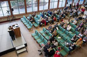 Student Maata Finau gives a hug to Alaska Writer Laureate Ernestine Hayes after Hayes keynote speech at the Power & Privilege Symposium at the University of Alaska Southeast on Tuesday, Nov. 7, 2017. This year, there will be three keynote speeches delivered by UAS faculty and staff, Oscar Vazquez and Dennis and Judy Shepard. (Michael Penn | Juneau Empire File)