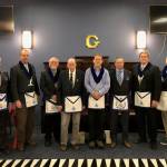 Pictured from left: Ray Rusaw, Allen Bell, Jeff DeFreest, John Barnett, Harley Clough, Dan McCrummen, Bruce Morley, Russ Shivers, Charles Ward and Merchant Thompson. Rusaw, DeFreest, Barnett, Clough, McCrummen, Morley, Shivers and Ward are Past Masters of Mt. Juneau-Gastineaux Lodge or one of its predecessor lodges - Mt. Juneau and Gastineaux.