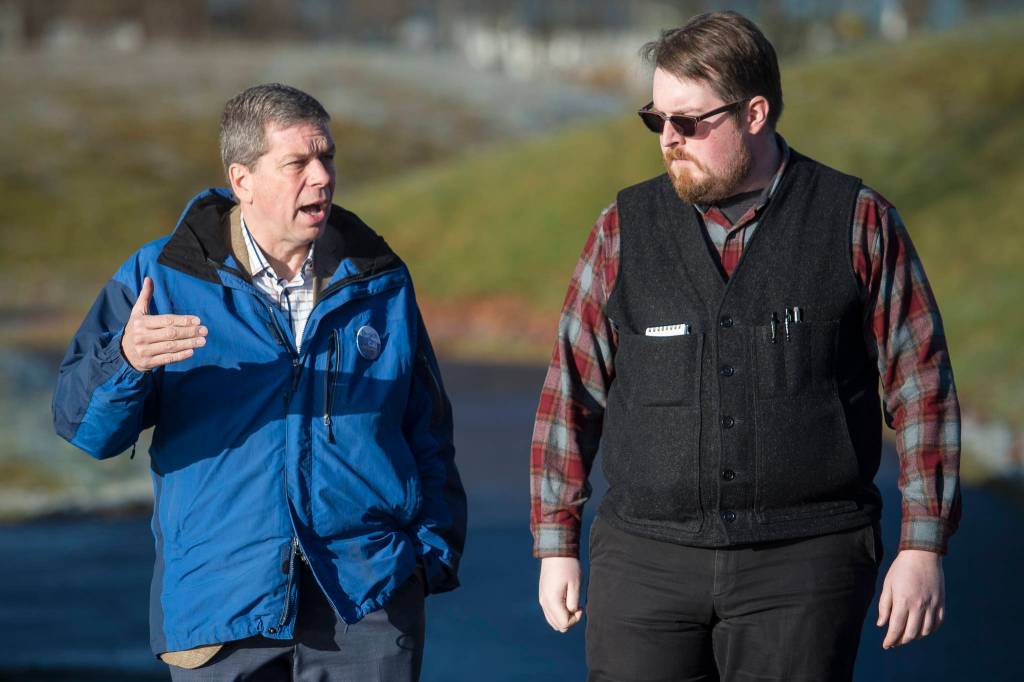Democrat gubernatorial candiate Mark Begich, a former U.S. Senator for Alaska and former mayor of Anchorage, speaks with Juneau Empire State Reporter James Brooks during an interview in Juneau on Friday, Nov. 2, 2018. (Michael Penn | Juneau Empire)
