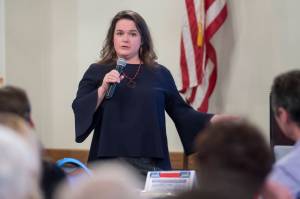 Meilani Schijvens, Director of Rain Coast Data, speaks to the Juneau Chamber of Commerce about Juneau ecomony at the Moose Lodge on Thursday, Nov. 1, 2018. (Michael Penn | Juneau Empire)