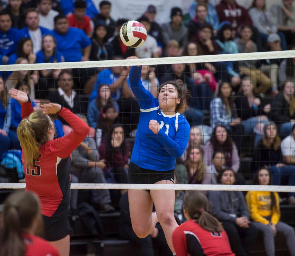 Thunder Mountains Tasi Fenumiai spikes the ball against Juneau-Douglas during the second round of the Region V Volleyball Championships at JDHS on Friday, Nov. 2, 2018. TMHS won 3-1 (25-20, 25-10, 16-25, 25-21). (Michael Penn | Juneau Empire)
