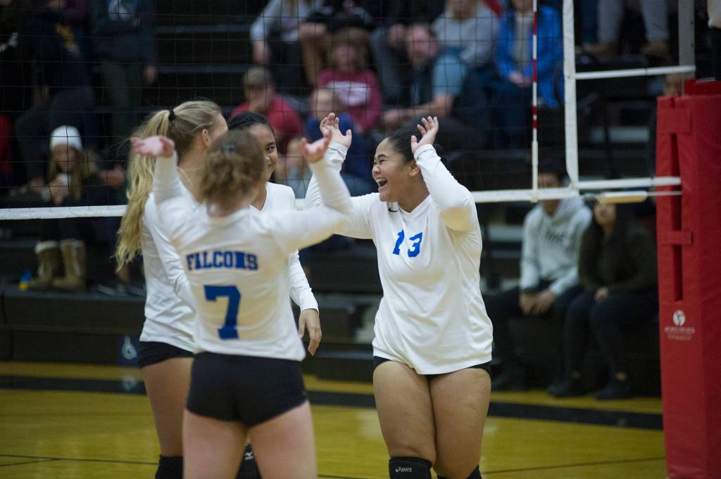 Thunder Mountains Marissa Tanuvasa-Tuvafaile celebrates a point in the Region V 4A championship game on Saturday at JDHS. (Nolin Ainsworth | Juneau Empire)