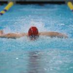 Juneau-Douglas High School senior Tate Goering swims the butterfly portion of the boys 200-yard medley relay on Saturday at the ASAA/First National Bank Alaska Swim & Dive Championships at Bartlett Pool in Anchorage. Goering and teammates Caleb Peimann, Tyler Weldon and Reed Gardinier finished in seventh place. (Michael Dinneen | For the Juneau Empire) Pool in Anchorage. (Michael Dinneen | For the Juneau Empire)
