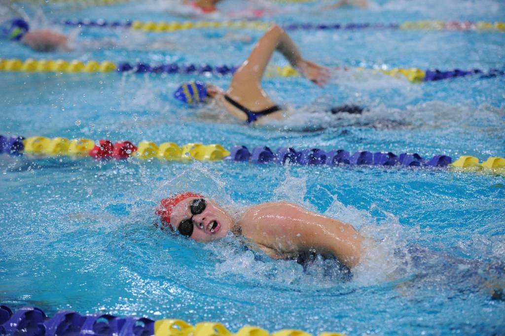 Juneau-Douglas High School senior Cameron Howard swims in the 200-yard freestyle at the ASAA/First National Bank Alaska State Swim and Dive Championships on Saturday, Nov. 3, 2018. She finished in sixth place with a time of 2:02:48. (Michael Dinneen | For the Juneau Empire)