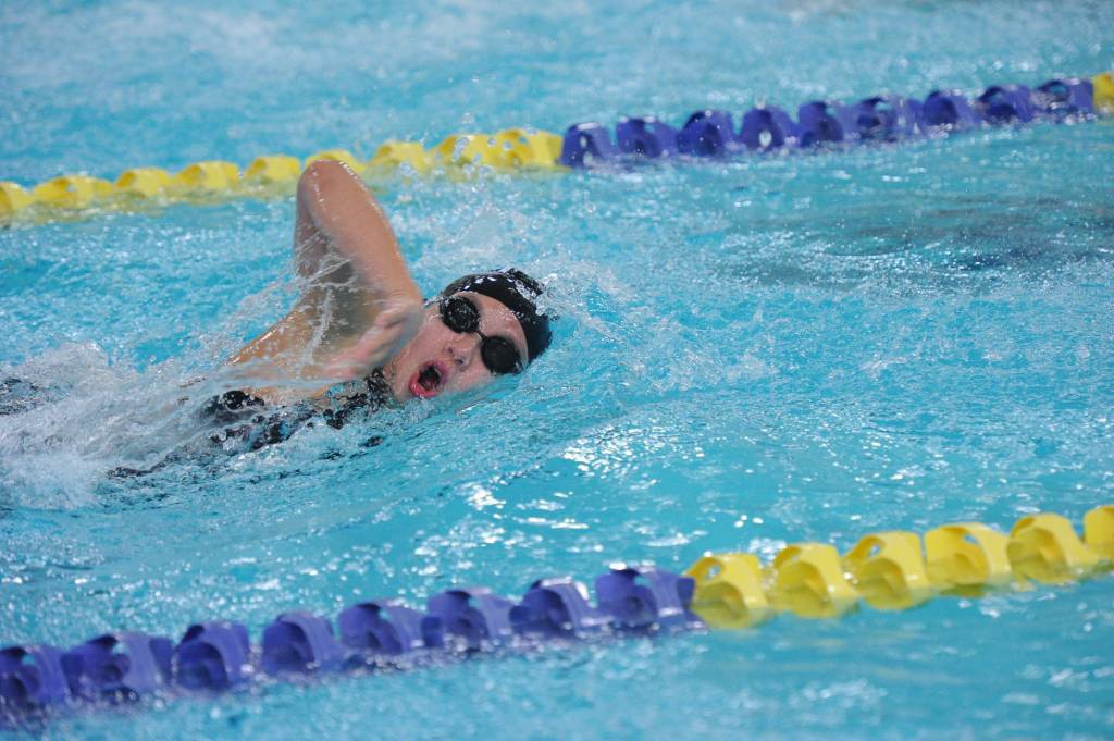 Thunder Mountain High School freshman Nancy Little swims the 500-yard freestyle relay at the ASAA/First National Bank Alaska State Swim and Dive Championships on Saturday, Nov. 3, 2018. She finished in sixth place with a time of 5:33:85 (Michael Dinneen | For the Juneau Empire)