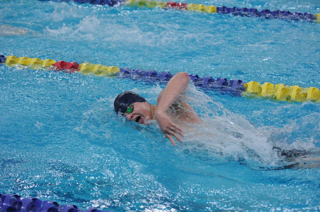 Thunder Mountain High School junior Micah Grigg swims the 500-yard freestyle at the ASAA/First National Bank Alaska State Swim and Dive Championships on Saturday, Nov. 3, 2018. He finished in sixth place with a time of 4:56.97. (Michael Dinneen | For the Juneau Empire)