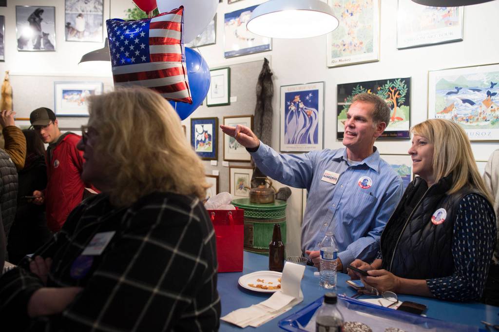 Republican House District 34 candidate Jerry Nankervis watches results come in at the Rie Munoz Gallery in the Mendenhall Valley on election night Tuesday. Nankervis lost to Democratic candidate Andi Story. (Michael Penn | Juneau Empire)