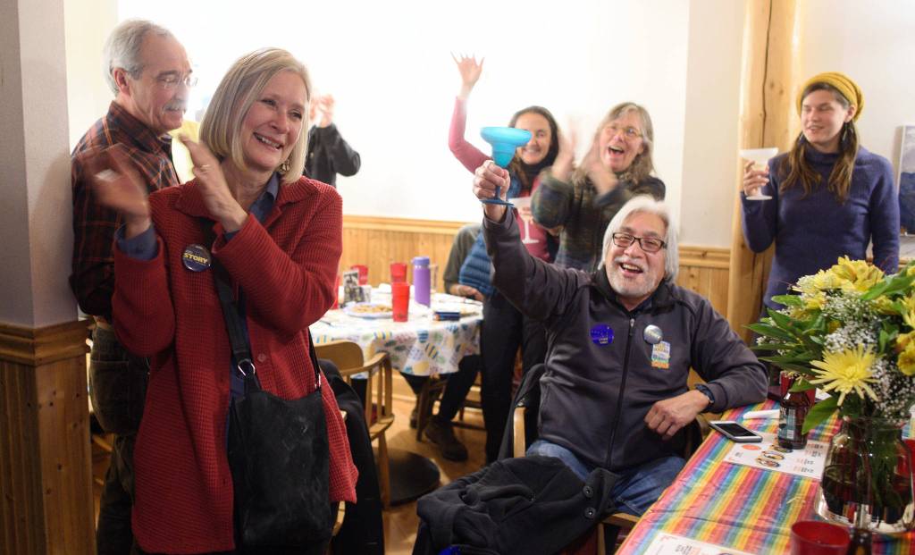 Andi Story, Democratic candidate for House District 34, celebrates her election night win with family on Tuesday. Story defeated Republican candidate Jerry Nankervis to take hold of one of three contested statehouse seats. (Michael Penn | Juneau Empire)