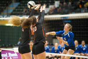 Thunder Mountain High School sophomore Sophia Harvey spikes the ball in between West Anchorages Danika Brown, left, and Kathleen Dexter in the first round of the ASAA/First National Bank Alaska 3A/4A Volleyball State Championships on Thursday at the Alaska Airlines Center in Anchorage. (Nolin Ainsworth | Juneau Empire)