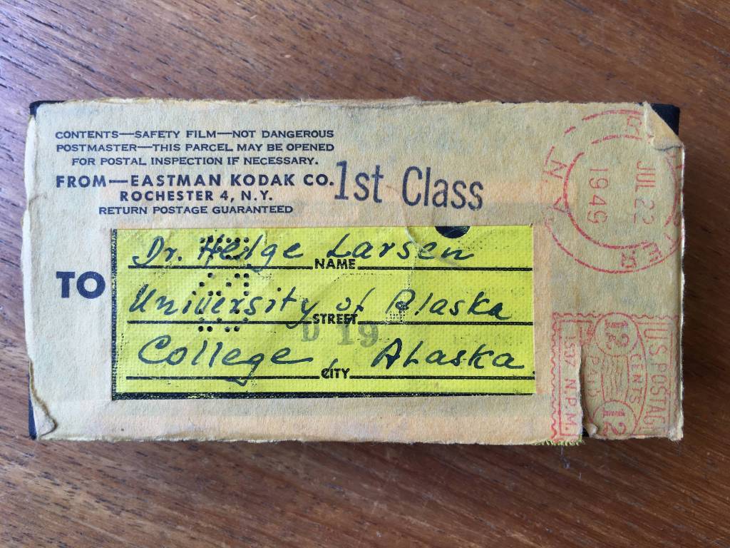 Artifact collections from Helge Larsens 1949-50 excavations housed at the Danish National Museum in Copenhagen. This is an orginal artifact storage box from Larsens work. He collaborated closely with University of Alaska Museum researchers during this time. (Courtesy Photos | Jeff Rasic/NPS).