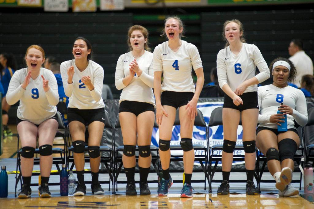 The Thunder Mountain High School bench celebrates a point against West Valley at the ASAA/First National Bank Alaska 3A/4A Volleyball State Championships on Friday at the Alaska Airlines Center in Anchorage. From left: Alex Murray, Amy Schoonover, Kiley Stevens, Sophia Harvey, Hannah Harvey, Kyra Jenkins Hayes. (Nolin Ainsworth | Juneau Empire)