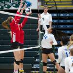 Thunder Mountain High School sophomore Mariah Tanuvasa-Tuvaifale tips the ball past West Valleys Sonia McGaffigan, left, and Kami Steel in the ASAA/First National Bank Alaska 3A/4A Volleyball State Championships on Friday at the Alaska Airlines Center in Anchorage. The Falcons won 3-1 (26-24, 19-25, 25-18, 25-23). (Nolin Ainsworth | Juneau Empire)