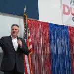 In this photo taken Sunday, Nov. 4, 2018, Alaska Republican gubernatorial candidate Mike Dunleavy gestures while on stage during a GOP rally in Anchorage, Alaska. Dunleavy and Democrat Mark Begich are the two major candidates vying to replace Gov. Bill Walker, who ended his campaign in October. (AP Photo/Becky Bohrer)