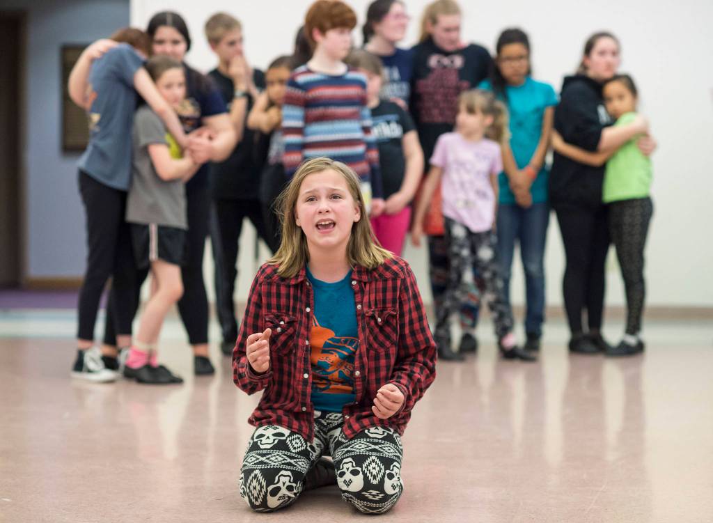 Rachel Wood, playing Matilda, sings during rehearsal of Theater at Latitude 58s production of Matilda at St. Anns Parish Hall on Friday, Nov. 9, 2018. (Michael Penn | Capital City Weekly)