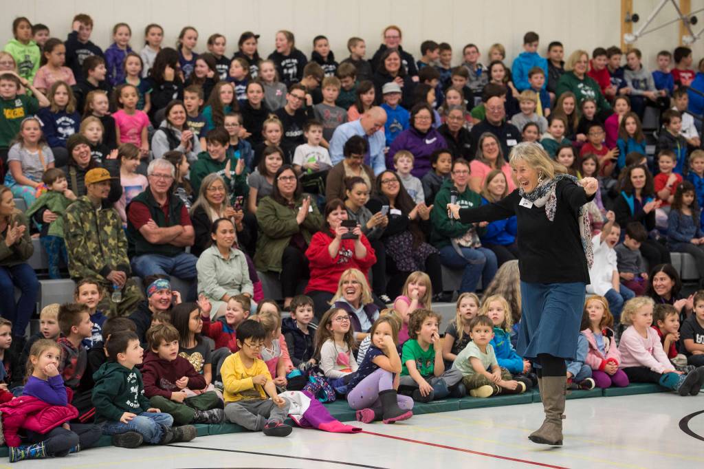 The Orca Singers sing during an assembly celebrating the 50th anniversary of Auke Bay Elementary School on Friday, Nov. 9, 2018. (Michael Penn | Juneau Empire)