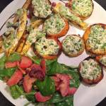 Spruce tip aoli on sweet potatos with strawberry spinach salad and salmonberry vinaigrette. (Courtesy Photo | Vivian Mork)