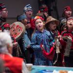 Members of the Tlingit Culture Language and Literacy Dance Group from Harborview Elementary School dance during the Voices of Our Ancestors Language Summit at Centennial Hall on Tuesday, Nov. 13, 2018. (Michael Penn | Juneau Empire)