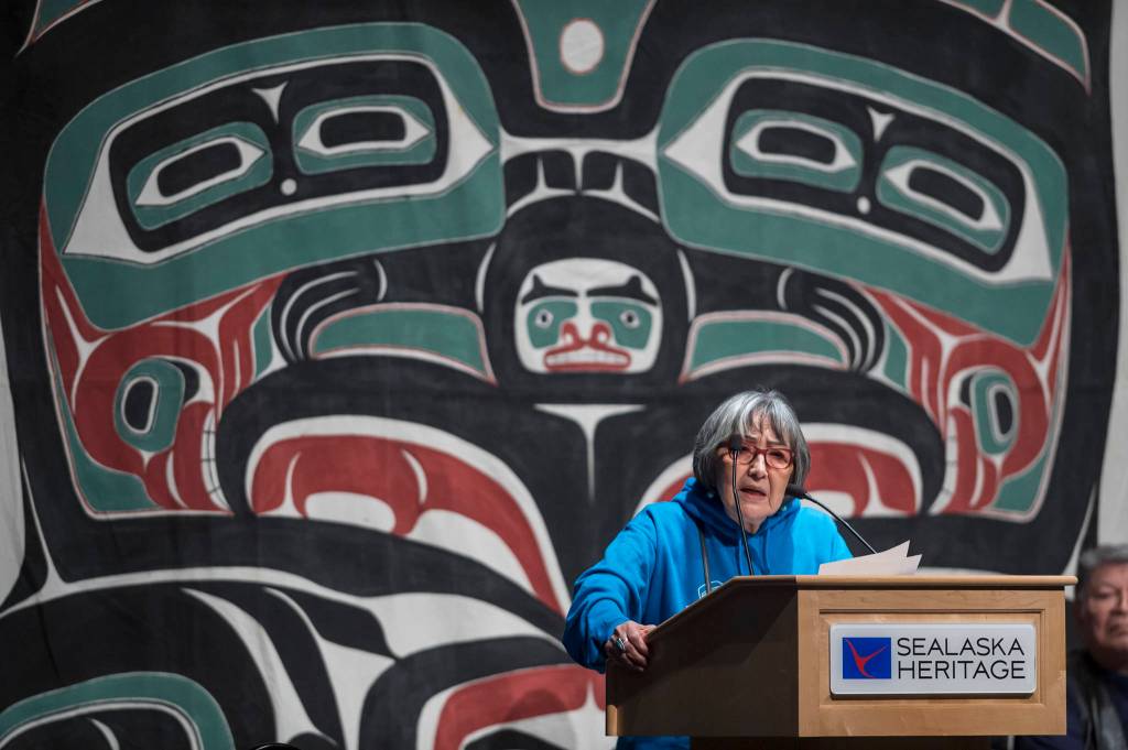 Sealaska Heritage Institutes President Rosita Worl gives a welcoming address at the Voices of Our Ancestors Language Summit at Centennial Hall on Tuesday, Nov. 13, 2018. (Michael Penn | Juneau Empire)