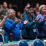Women dance with the Tlingit Culture Language and Literacy Dance Group from Harborview Elementary School during the Voices of Our Ancestors Language Summit at Centennial Hall on Tuesday, Nov. 13, 2018. (Michael Penn | Juneau Empire)