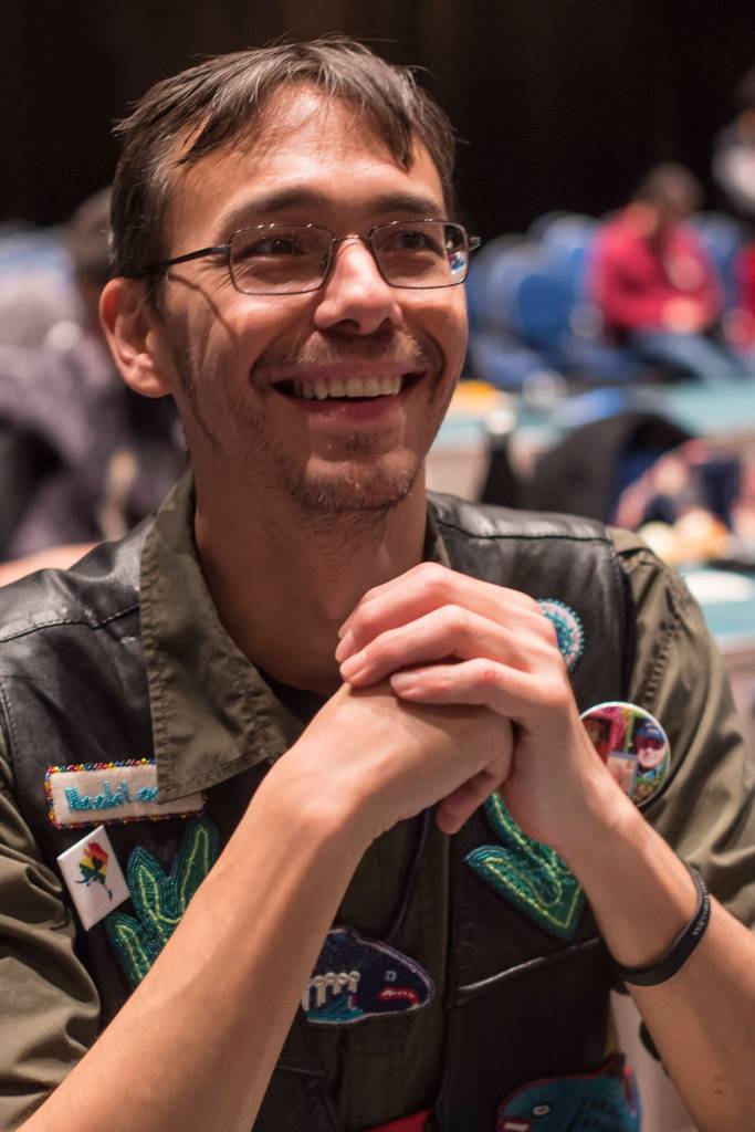 Hans Chester, a teacher in the Tlingit Culture, Language and Literacy program at Harborview Elementary School, talks about how new words are created in Native languages at the Voices of Our Ancestors Language Summit at Centennial Hall on Wednesday, Nov. 14, 2018. (Michael Penn | Juneau Empire)