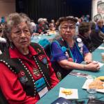 Ruth Demmert, left, and Florence Sheakley talk about how new words are created in Native languages at the Voices of Our Ancestors Language Summit at Centennial Hall on Wednesday, Nov. 14, 2018. (Michael Penn | Juneau Empire)