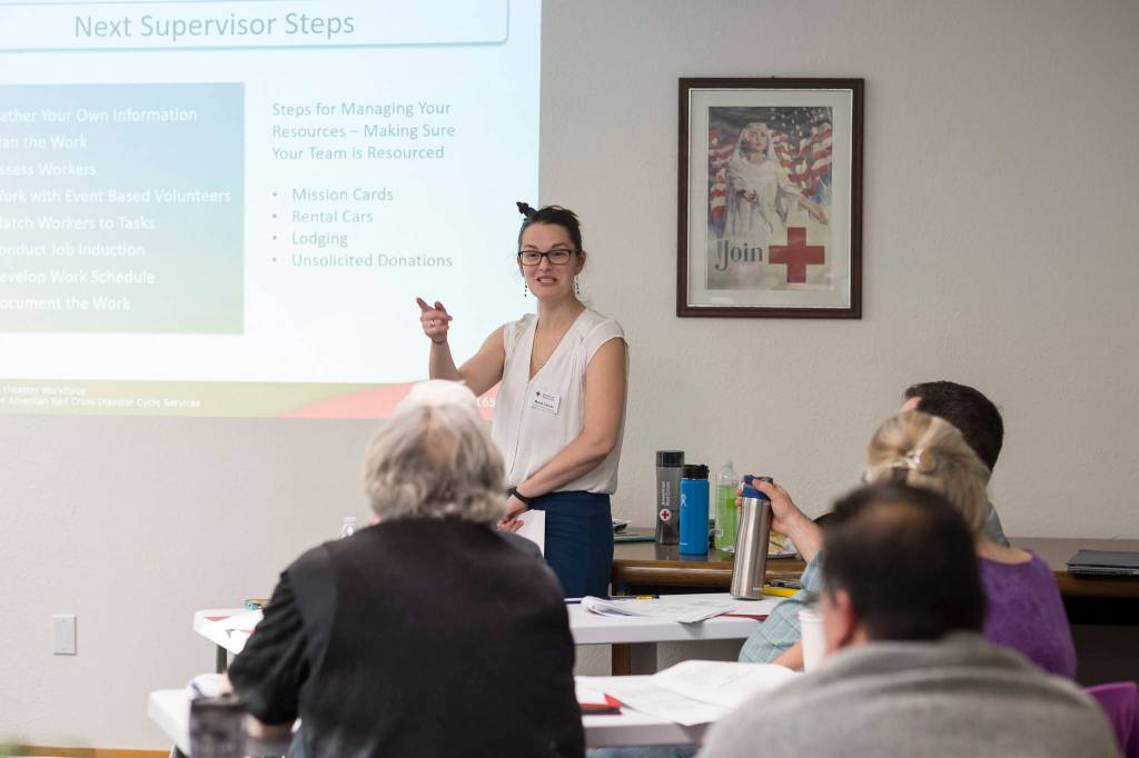 Maria Caruso leads a class as The American Red Cross of Alaska hosts a Southeast Disaster Academy at their Juneau office on Friday, Nov. 16, 2018. (Michael Penn | Juneau Empire)