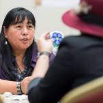 Selena Beierly, left, teaches Carly Jackson about beading at the Celebrating Our Ways of Life for Native American Heritage Month at the Elizabeth Peratrovich Hall on Friday, Nov. 16, 2018. (Michael Penn | Juneau Empire)