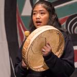 Gabrielle Shaawatgoox George-Frank, of Angoon, sings a song to start the day at the Voices of Our Ancestors Language Summit at Centennial Hall on Wednesday, Nov. 14, 2018. (Michael Penn | Juneau Empire)