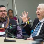 Gavin Hudson, left, listens to John Reese, of Ketchikan, speak during a breakout session on the Smalgya̱x language of the Tsimshian people at the Voices of Our Ancestors Language Summit at Centennial Hall on Wednesday, Nov. 14, 2018. (Michael Penn | Juneau Empire)
