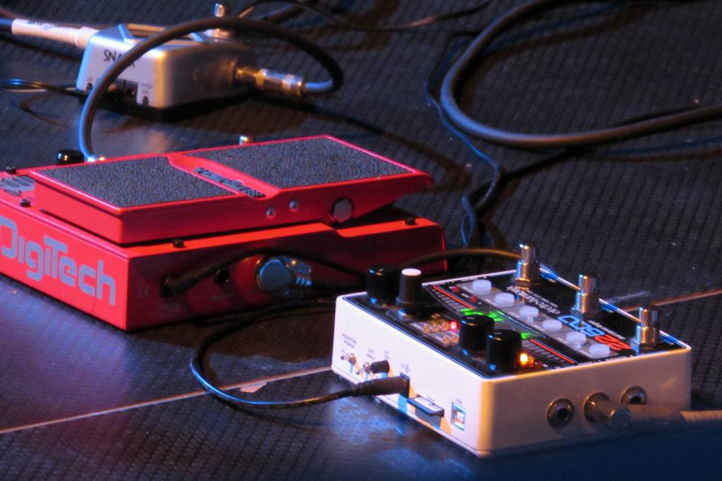 A tuner, pitch shifter and looping pedal are what allow Avery Stewart to loop his guitar playing to create backing tracks while he plays improvised leads over the music. (Ben Hohenstatt | Capital City Weekly)