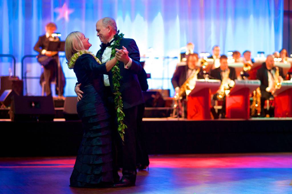 In this Jan. 10, 2015 photo, near midnight, Gov. Bill Walker dances the last song of the night by the Thunder Mountain Big Band with his wife, Donna, during the Inaugural Gala at Centennial Hall. (Michael Penn | Juneau Empire File)