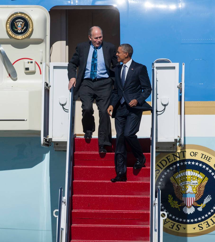In this Aug. 31, 2015 photo, President Barack Obama arrives on Air Force One at Joint Base Elmendorf-Richardson in Anchorage with Gov. Bill Walker. (Michael Penn | Juneau Empire File)