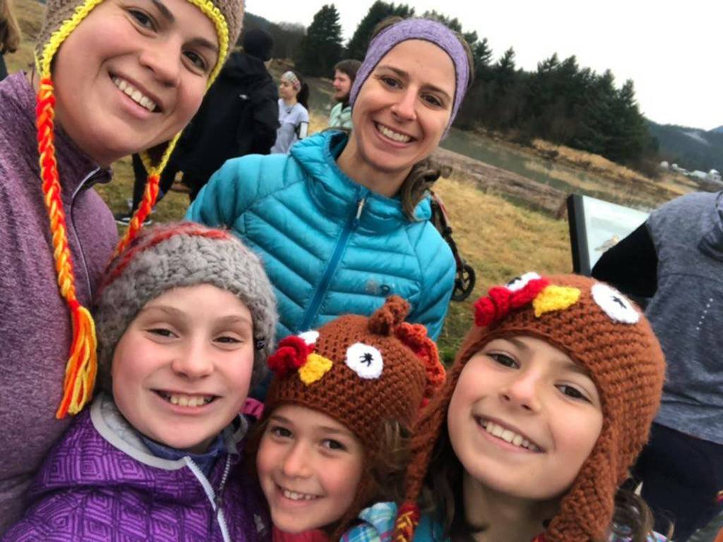 Lacey Sanders takes a selfie with Caitlin Sanders (back right) and sisters Julia Mesdag, Hannah and Taylor at the fifth annual Thanskgiving Day Turkey Trot at the Airport Dike Trail on Thursday morning. Runners trotted in either a 1-mile or 5K race with members of the Juneau-Douglas High School hockey and Thunder Mountain High School cross country teams, the benefactors of the event. (Courtesy Photo | Lacey Sanders)