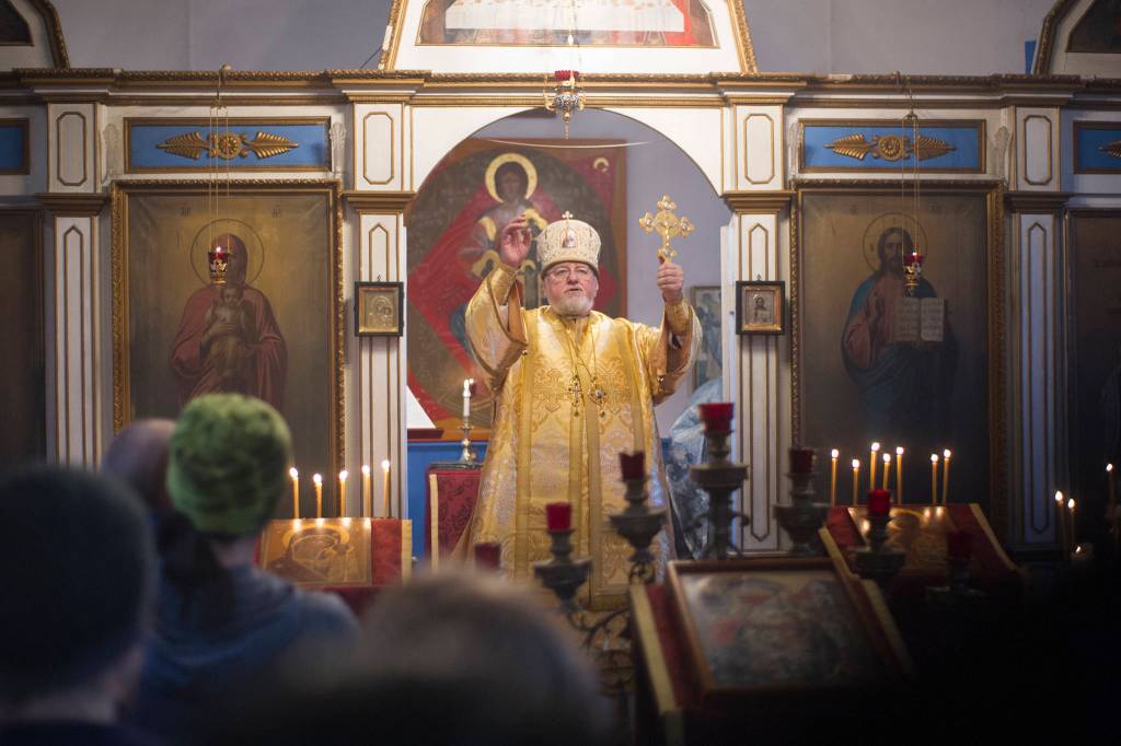 Bishop David of Alaskas Russian Orthodox Church imparts his blessing during the celebration of the Divine Liturgy at St. Nicholas Russian Orthodox Church on Sunday, Nov. 25, 2018. The bishop was in town … . (Nolin Ainsworth | Juneau Empire)