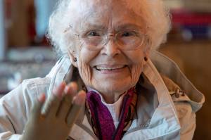 Tlingit elder Marie Olson smiles at the Salvation Armys annual Thanksgiving dinner on Thursday, Nov. 22, 2018 at Hangar on the Wharf. (Courtesy Photo | Salvation Army)