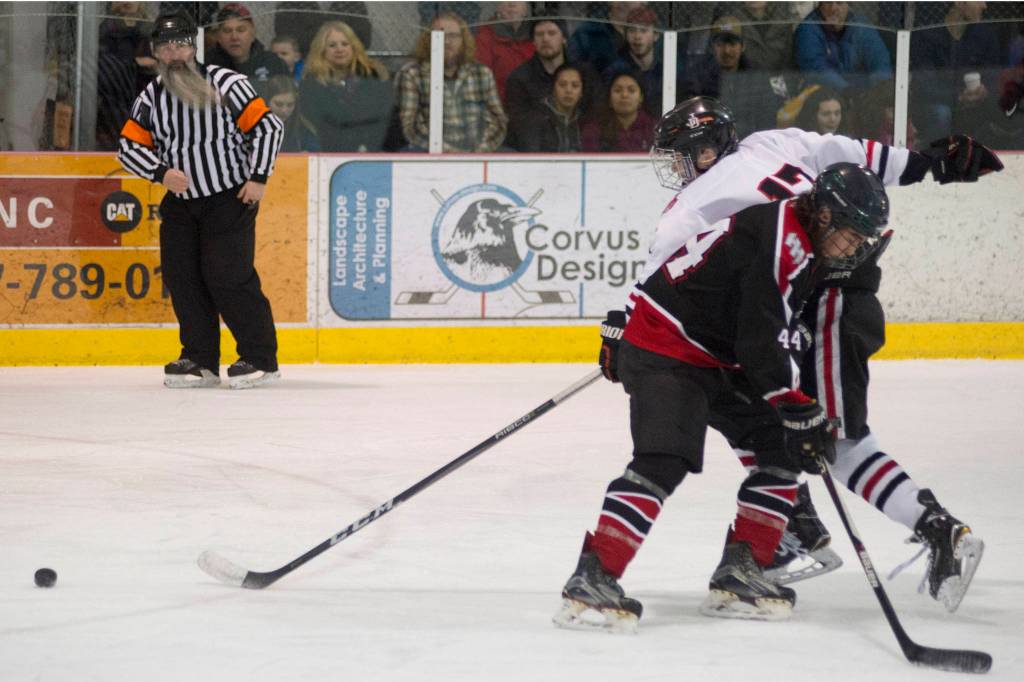 Houstons JP Nix checks Juneau-Douglas Bill Bosse in front of referee Matt Reece in the first period at Treadwell Arena on Saturday. (Nolin Ainsworth | Juneau Empire)