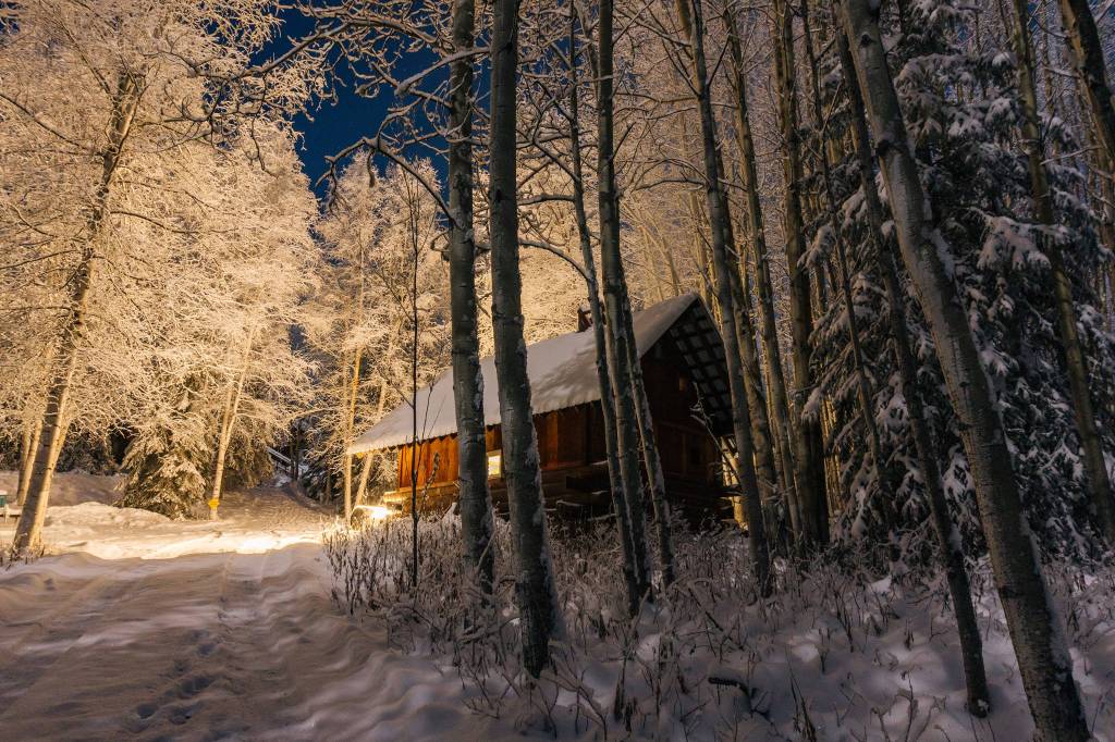 Long exposure photo of our Goldstream dry cabin at 1 a.m. (Gabe Donohoe | For the Juneau Empire)
