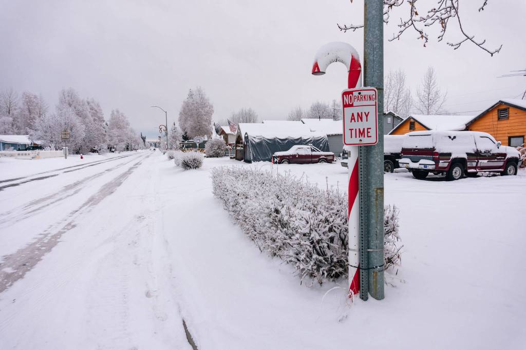 Normal, year around candy cane decorations in North Pole. (Gabe Donohoe | For the Juneau Empire)