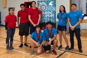 Team Juneau poses with its medals after competing in the Yukon Inter-Schools Arctic Sports Championships at the Porter Creek Secondary School in Whitehorse, Yukon, on Friday, Nov. 30, 2018. Top row (Left to right): Coach Kaytlynne Lewis, Erik Jim, Josh Sheakley, Sara Steeves, coach Kyle Worl. Bottom row: Orion Denny, Matthew Quinto. (Courtesy Photo | Kyle Worl)