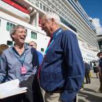 President of CLIA Alaska John Binkley (left) and former Juneau Mayor Ken Koelsch talk as Juneau residents tour the Norwegian Bliss after Plaque Presentations on Tuesday, June 12, 2018. (Michael Penn | Juneau Empire File)