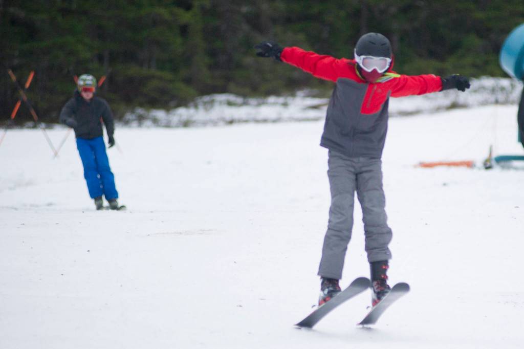 Will Woolford, 13, airs down Muskeg trail during the opening day of Eaglecrest Ski Area on Saturday, Nov. 8, 2018. (Nolin Ainsworth | Juneau Empire)