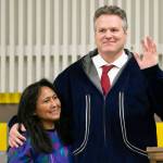 Alaska Gov. Mike Dunleavy poses with first lady Rose Dunleavy after he was sworn into office Monday, Dec. 3, 2018, in Kotzebue, Alaska. He had originally planned the ceremony in her hometown of Noorvik, Alaska, but poor weather prevented his plane from landing there and the ceremony was moved to Kotzebue.(Stanley Wright | Alaska Governors Office via AP)