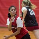 Alyxn Bohulano passes the ball as Skylar Hickok runs upcourt during Juneau-Douglas High School girls varsity practice on Thursday, Dec. 6, 2018. (Michael Penn | Juneau Empire)