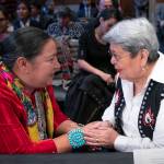 Amber Crotty from Window Rock, Ariz., left, a delegate of the Navajo Nation Council, and Patricia Alexander of the Tlingit and Haida Indian Tribes of Alaska, right, exchange words of encouragement to each other before testifying as the Senate Committee on Indian Affairs holds a hearing to examine concerns about investigations into the deaths and disappearance of Native American women, on Capitol Hill in Washington, Wednesday, Dec. 12, 2018. (AP Photo | J. Scott Applewhite)