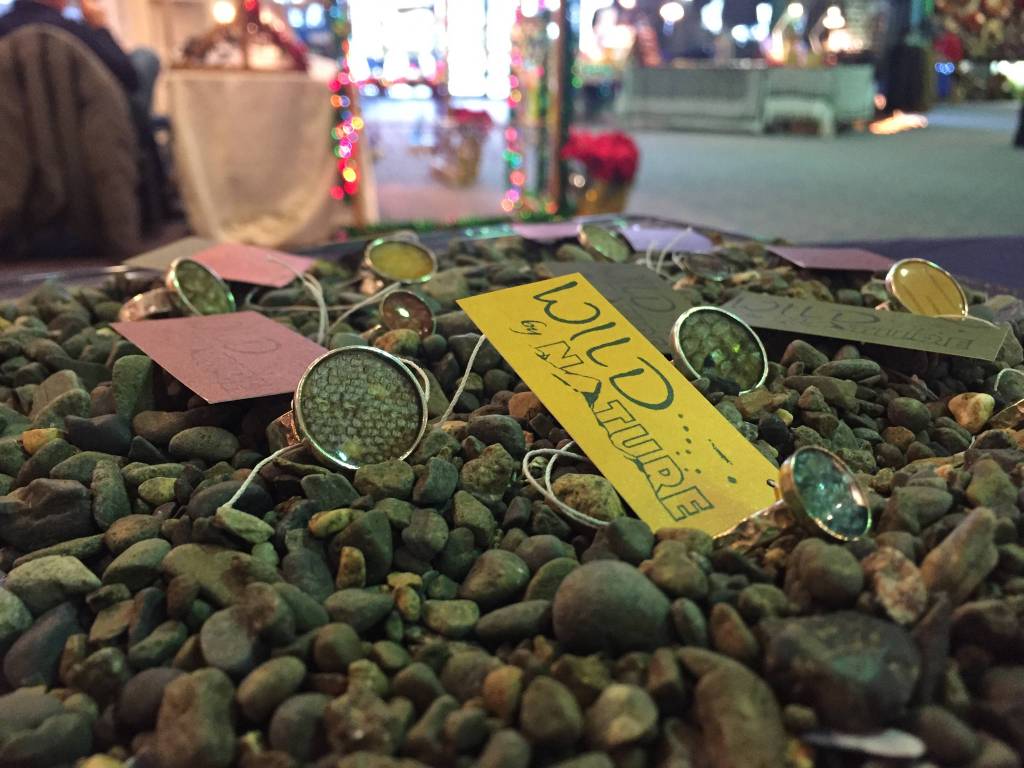 Rings using the skin of salmon and other wild Alaska fish created by Juneau artist Julienne Pacheco are on display at Juneaus Public Market in November of 2017. (Mary Catharine Martin | SalmonState)